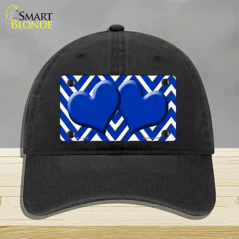 Blue White Large Chevron Blue Center Hearts Novelty License Plate Hat Unconstructed Cotton / Black