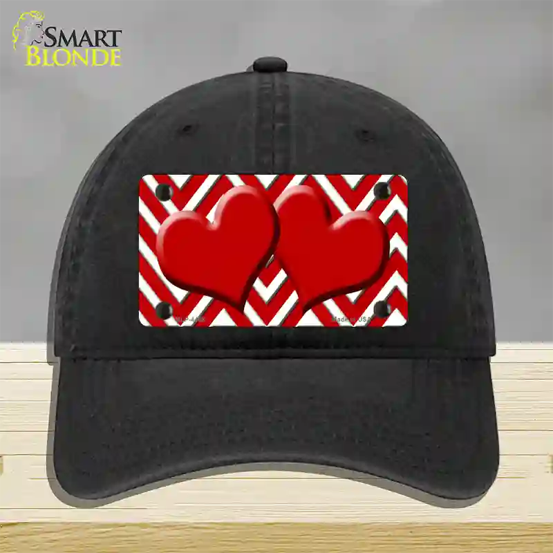 Red White Large Chevron Red Center Hearts Novelty License Plate Hat Unconstructed Cotton / Black