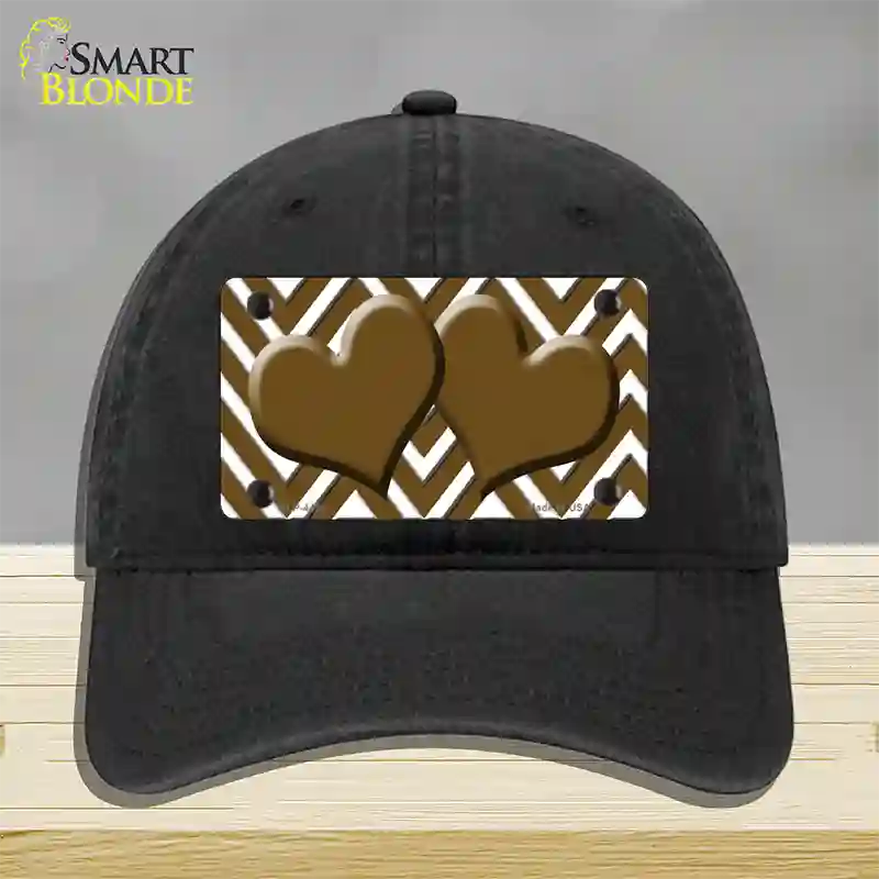 Brown White Large Chevron Brown Center Hearts Novelty License Plate Hat Unconstructed Cotton / Black