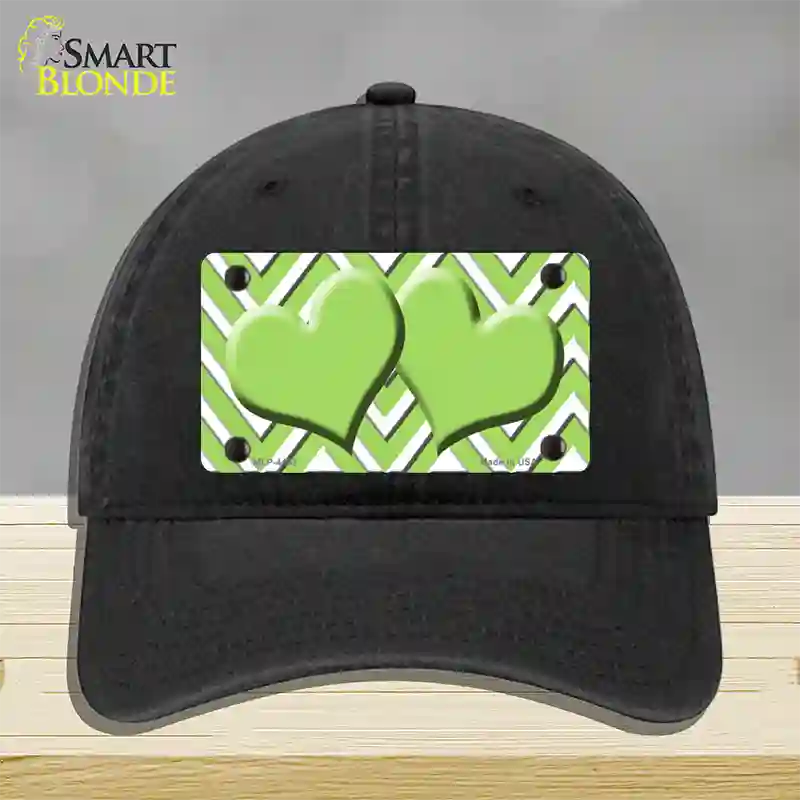 Lime Green White Large Chevron Lime Green Center Hearts Novelty License Plate Hat Unconstructed Cotton / Black