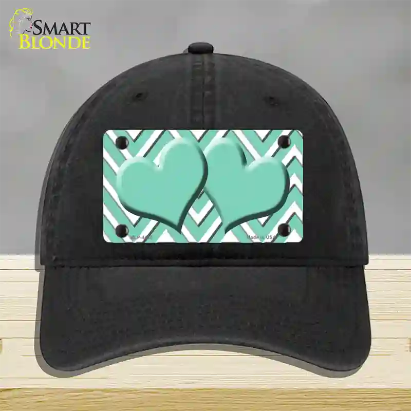 Mint White Large Chevron Mint Center Hearts Novelty License Plate Hat Unconstructed Cotton / Black