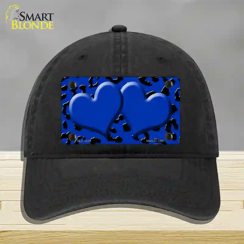 Blue Black Cheetah Blue Center Hearts Novelty License Plate Hat Unconstructed Cotton / Black