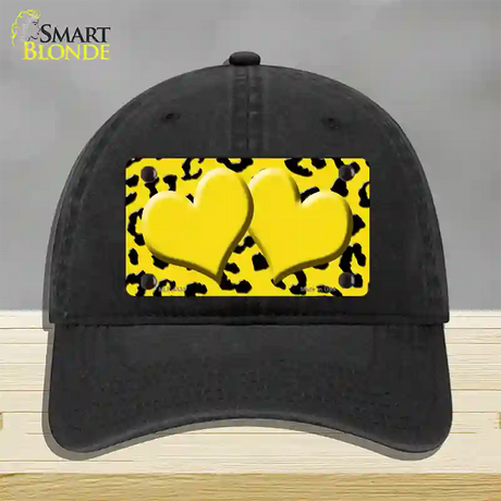 Yellow Black Cheetah Yellow Center Hearts Novelty License Plate Hat Unconstructed Cotton / Black