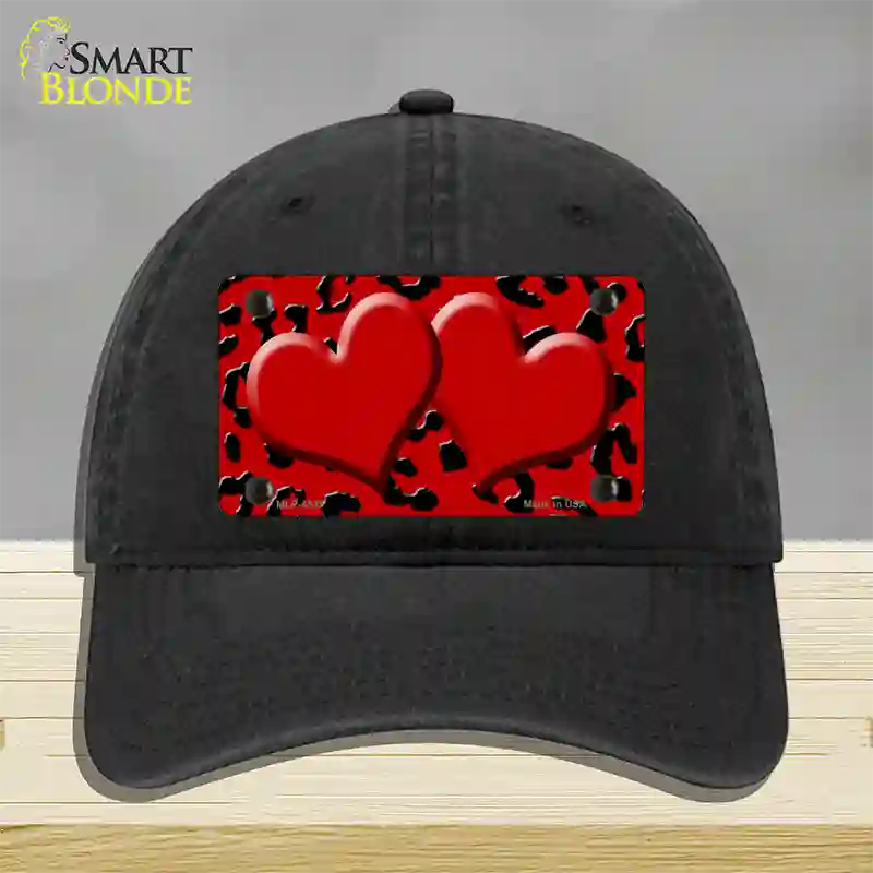 Red Black Cheetah Red Center Hearts Novelty License Plate Hat Unconstructed Cotton / Black