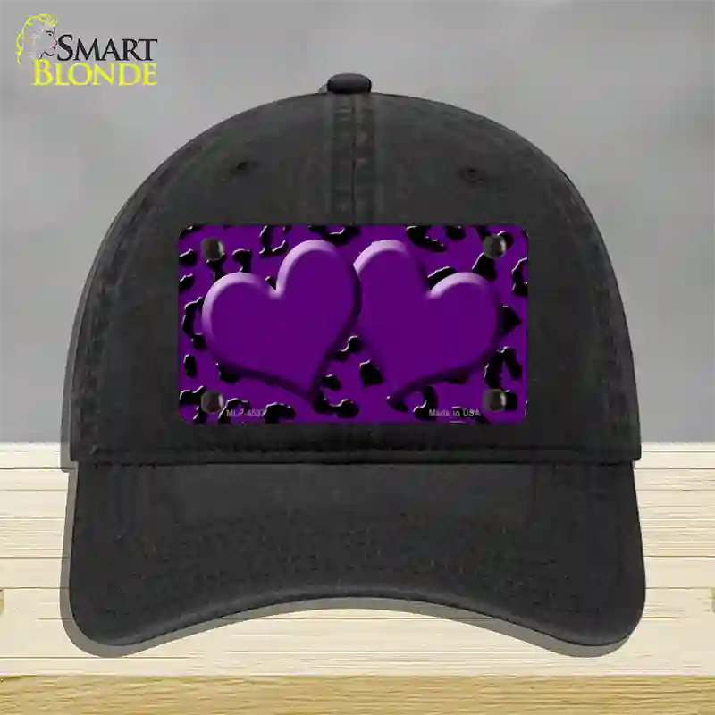 Purple Black Cheetah Purple Center Hearts Novelty License Plate Hat Unconstructed Cotton / Black