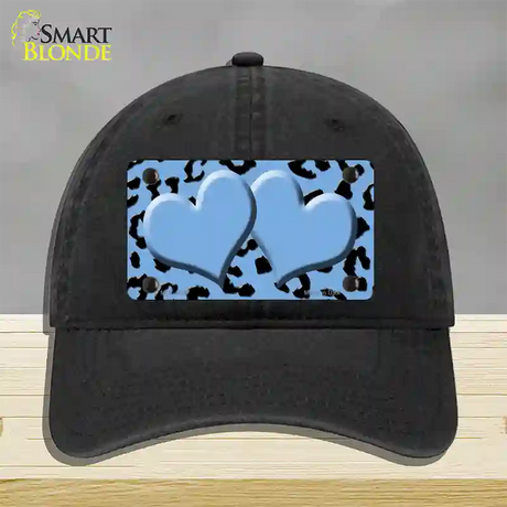 Light Blue Black Cheetah Light Blue Center Hearts Novelty License Plate Hat Unconstructed Cotton / Black