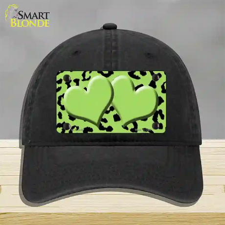 Lime Green Black Cheetah Lime Green Center Hearts Novelty License Plate Hat Unconstructed Cotton / Black