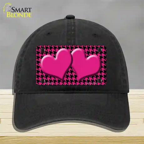 Pink Black Houndstooth Pink Center Hearts Novelty License Plate Hat Unconstructed Cotton / Black