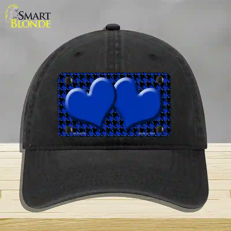 Blue Black Houndstooth Blue Center Hearts Novelty License Plate Hat Unconstructed Cotton / Black