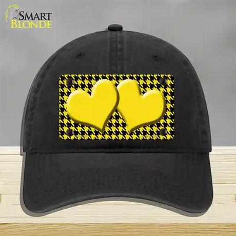 Yellow Black Houndstooth Yellow Center Hearts Novelty License Plate Hat Unconstructed Cotton / Black