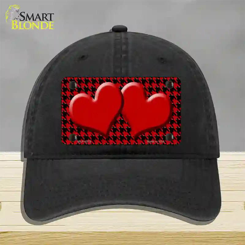 Red Black Houndstooth Red Center Hearts Novelty License Plate Hat Unconstructed Cotton / Black