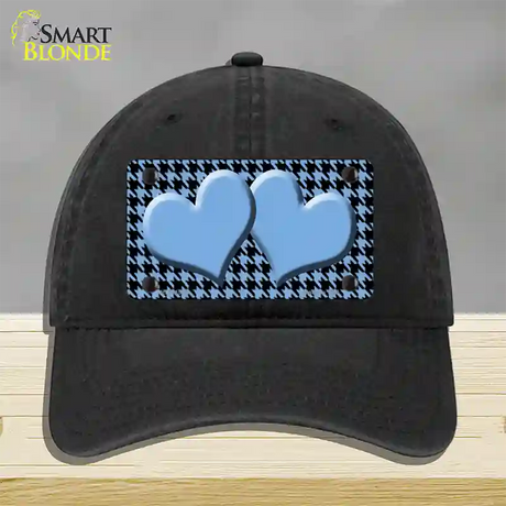 Light Blue Black Houndstooth Light Blue Center Hearts Novelty License Plate Hat Unconstructed Cotton / Black