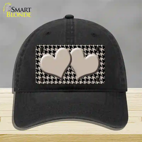 Tan Black Houndstooth Tan Center Hearts Novelty License Plate Hat Unconstructed Cotton / Black