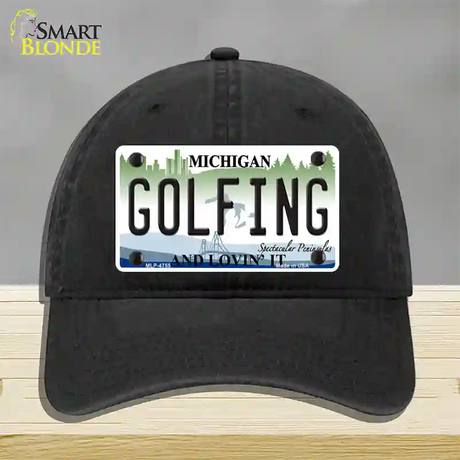 Golfing Michigan State Novelty License Plate Hat Unconstructed Cotton / Black