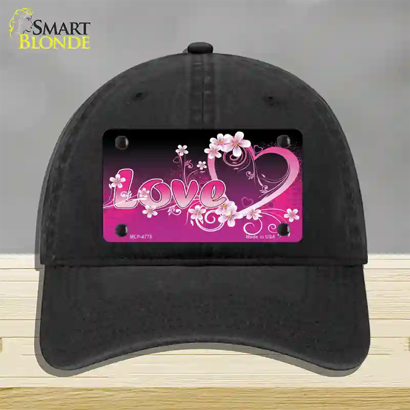 Love Heart And Flowers Novelty License Plate Hat Unconstructed Cotton / Black