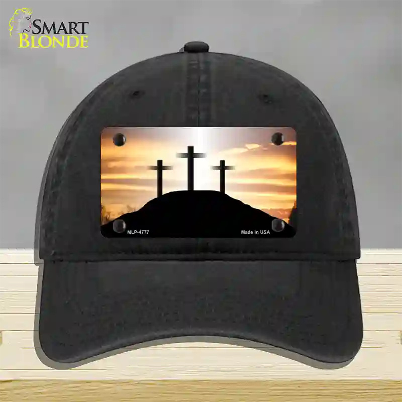 Three Crosses Sunset Novelty License Plate Hat Unconstructed Cotton / Black