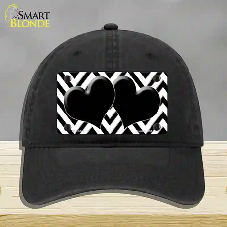 White Black Chevon Hearts Novelty License Plate Hat Unconstructed Cotton / Black