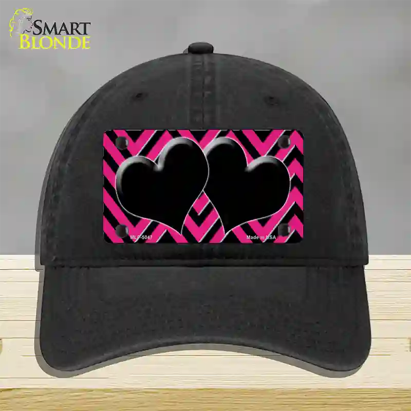 Pink Black Chevon Hearts Novelty License Plate Hat Unconstructed Cotton / Black