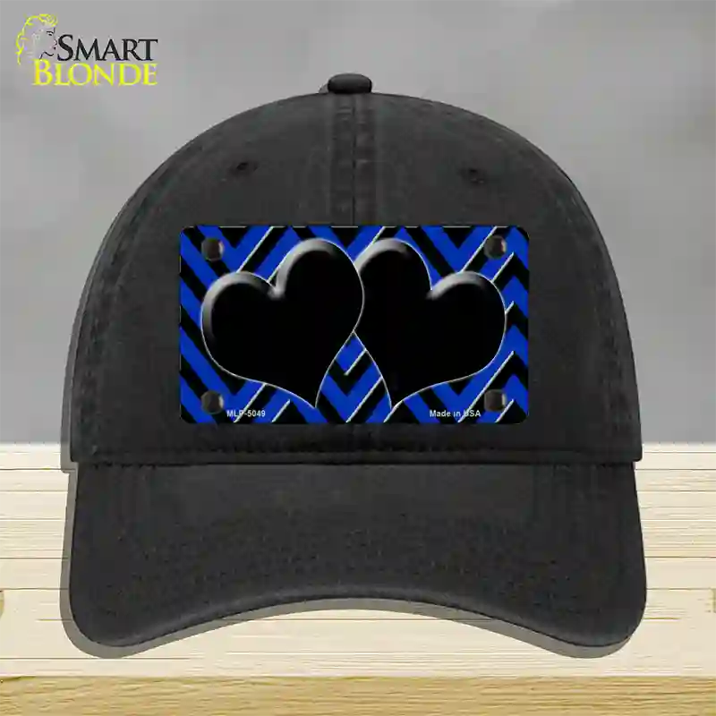 Blue Black Chevon Hearts Novelty License Plate Hat Unconstructed Cotton / Black