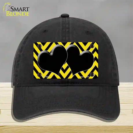 Yellow Black Chevon Hearts Novelty License Plate Hat Unconstructed Cotton / Black