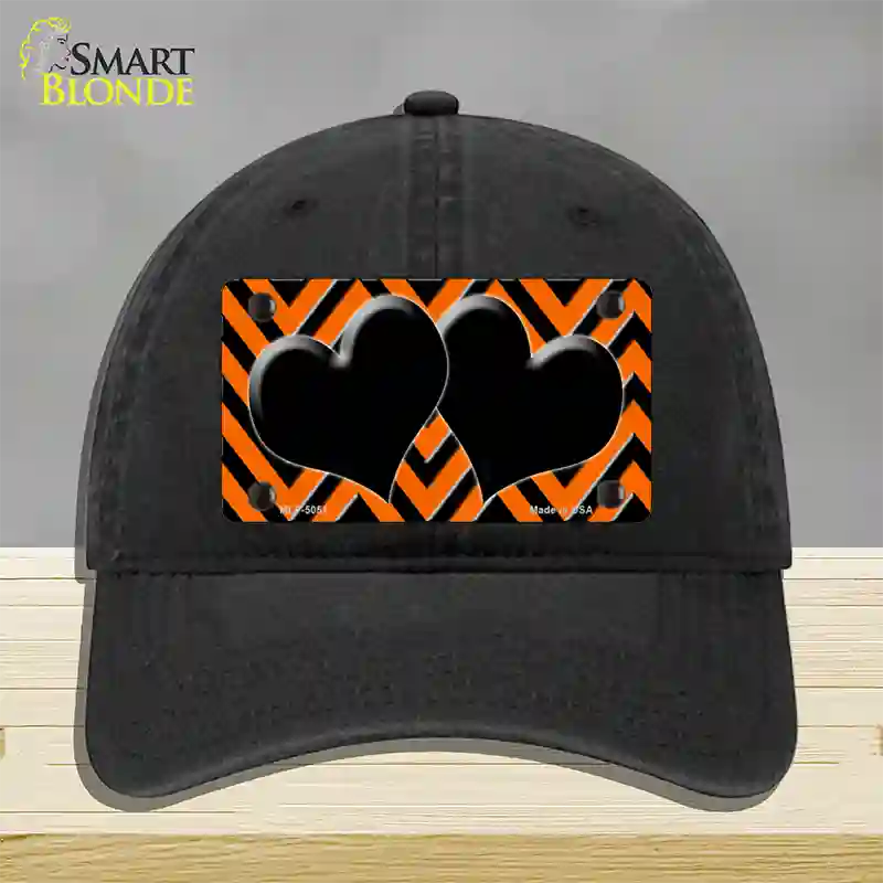 Orange Black Chevon Hearts Novelty License Plate Hat Unconstructed Cotton / Black