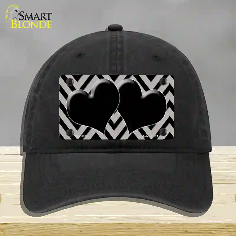 Grey Black Chevon Hearts Novelty License Plate Hat Unconstructed Cotton / Black