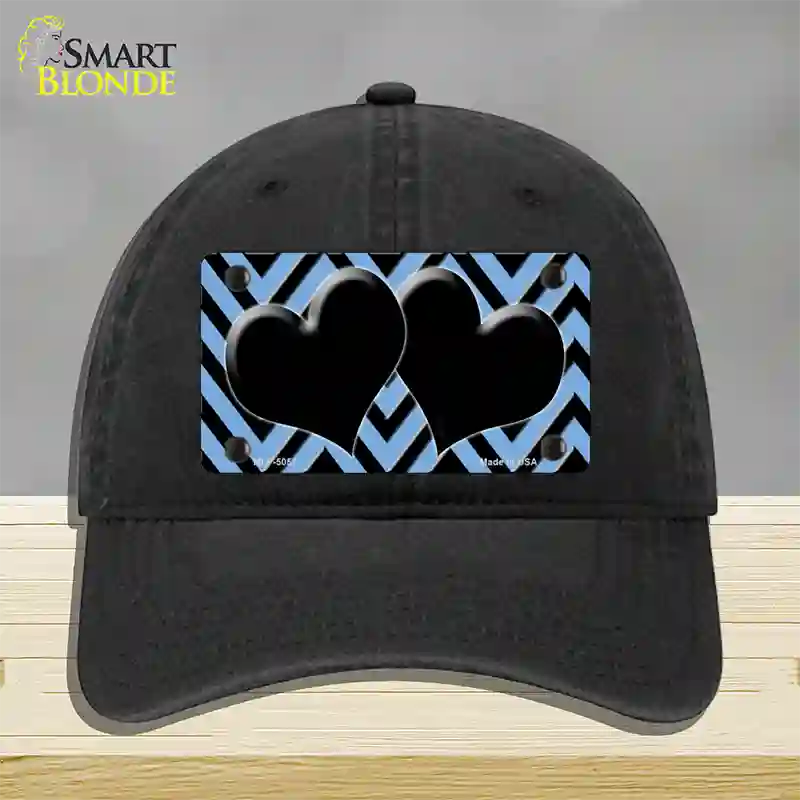 Light Blue Black Chevon Hearts Novelty License Plate Hat Unconstructed Cotton / Black