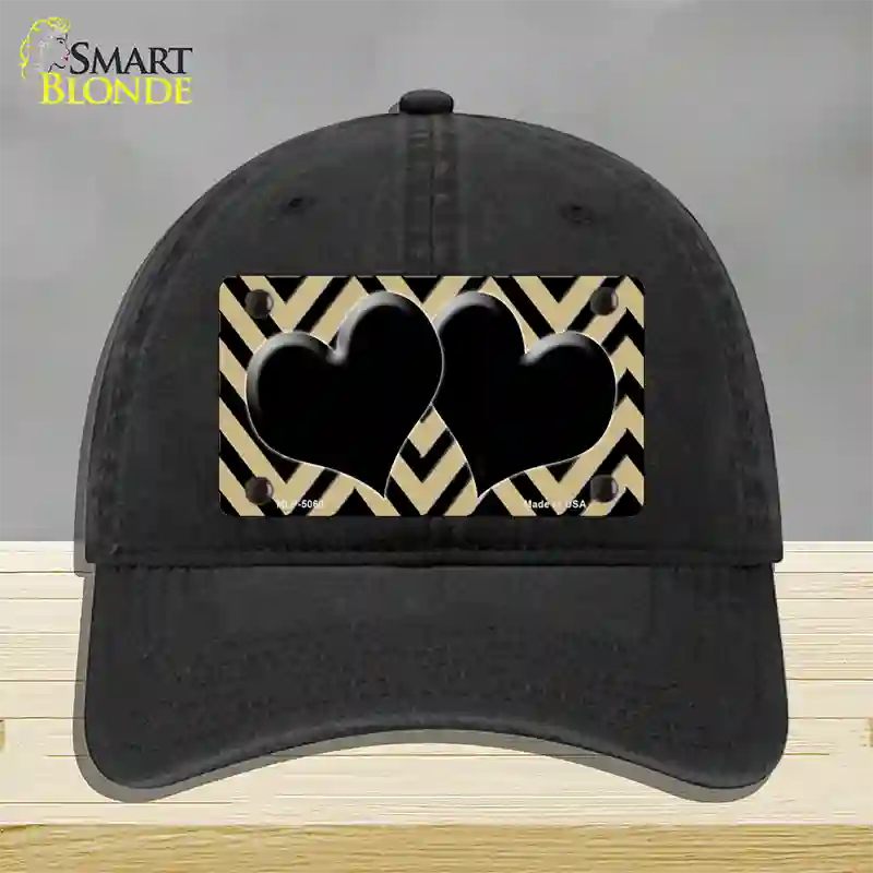 Gold Black Chevon Hearts Novelty License Plate Hat Unconstructed Cotton / Black