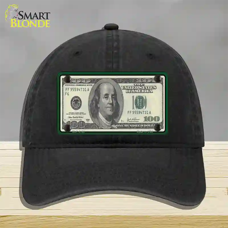 $100 Bill Novelty License Plate Hat Unconstructed Cotton / Black