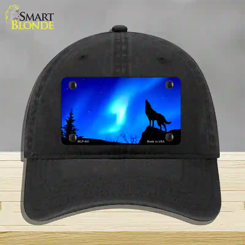 Wolf Howling Novelty License Plate Hat Unconstructed Cotton / Black