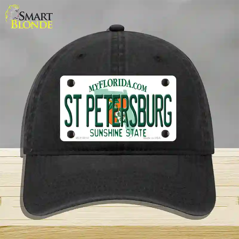 St Petersburg Florida Novelty License Plate Hat Unconstructed Cotton / Black