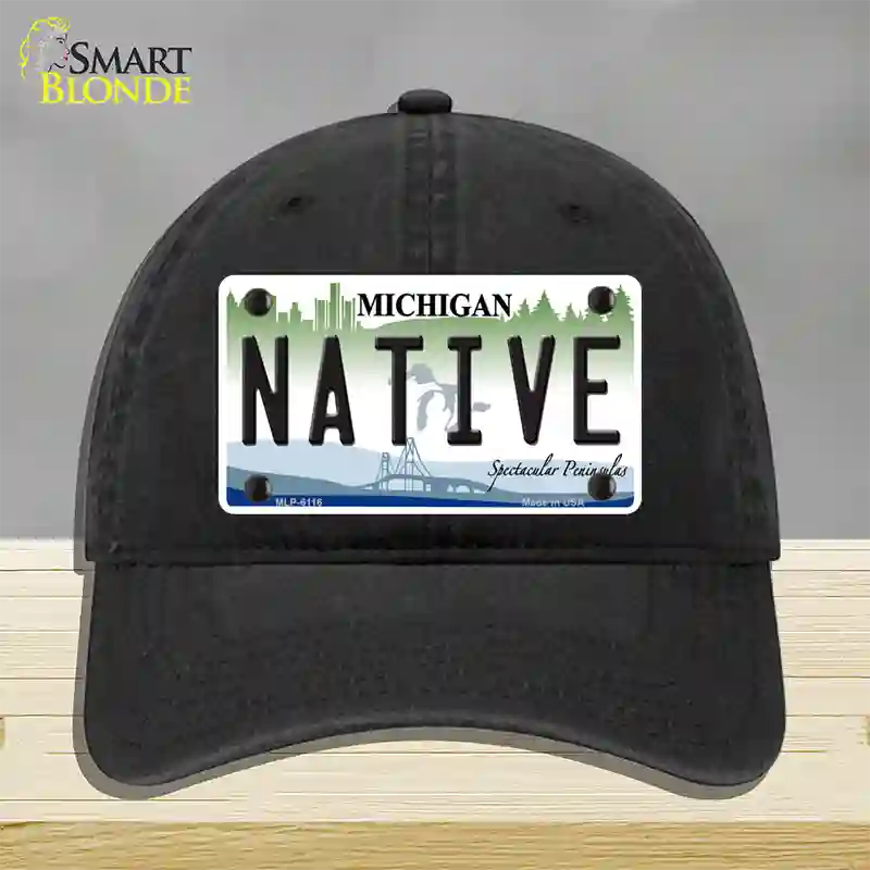 Native Michigan Novelty License Plate Hat Unconstructed Cotton / Black