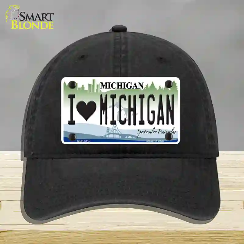 I Love Michigan Novelty License Plate Hat Unconstructed Cotton / Black