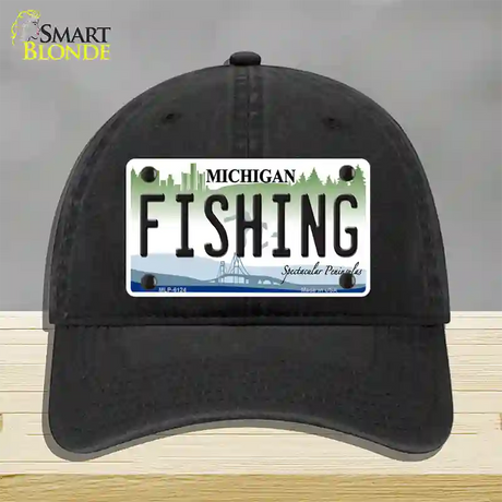 Fishing Michigan Novelty License Plate Hat Unconstructed Cotton / Black