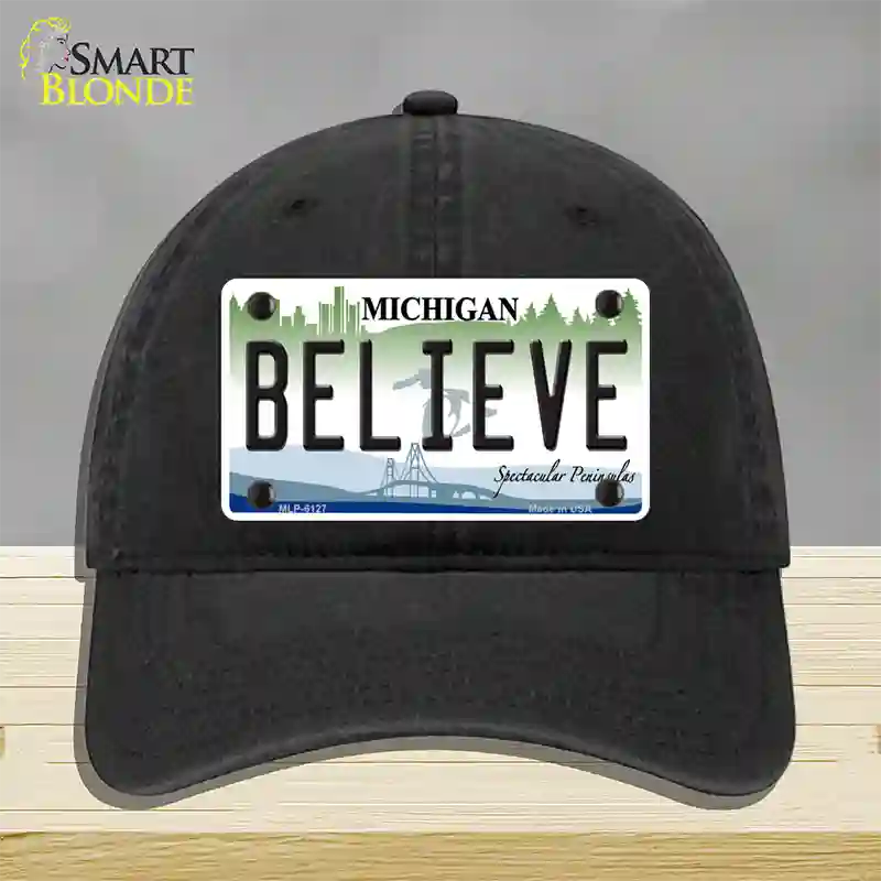 Believe Michigan Novelty License Plate Hat Unconstructed Cotton / Black