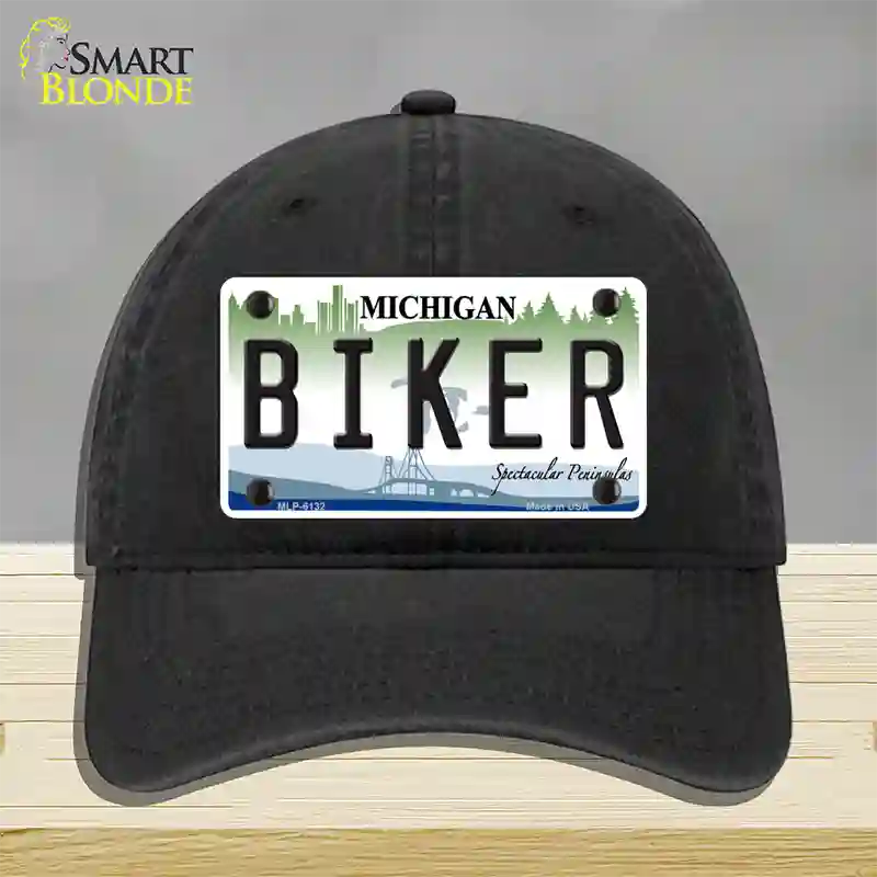 Biker Michigan Novelty License Plate Hat Unconstructed Cotton / Black