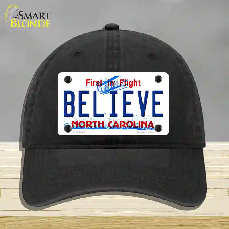 Believe North Carolina Novelty License Plate Hat Unconstructed Cotton / Black