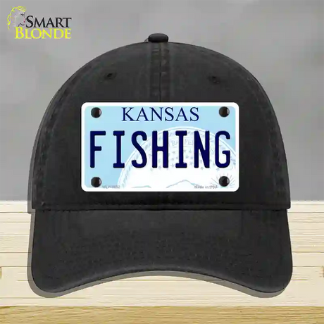 Fishing Kansas Novelty License Plate Hat Unconstructed Cotton / Black