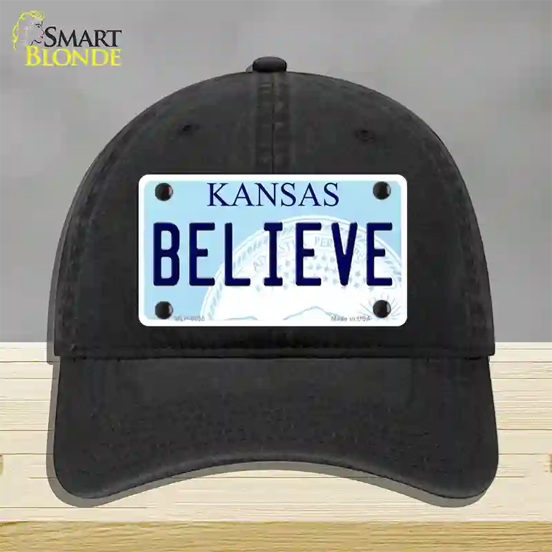 Believe Kansas Novelty License Plate Hat Unconstructed Cotton / Black