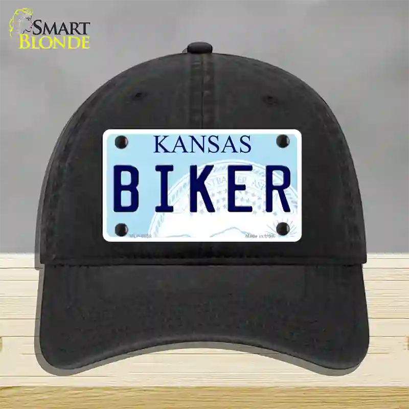 Biker Kansas Novelty License Plate Hat Unconstructed Cotton / Black