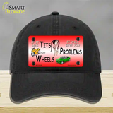 Tits Or Wheels Red Novelty License Plate Hat Unconstructed Cotton / Black