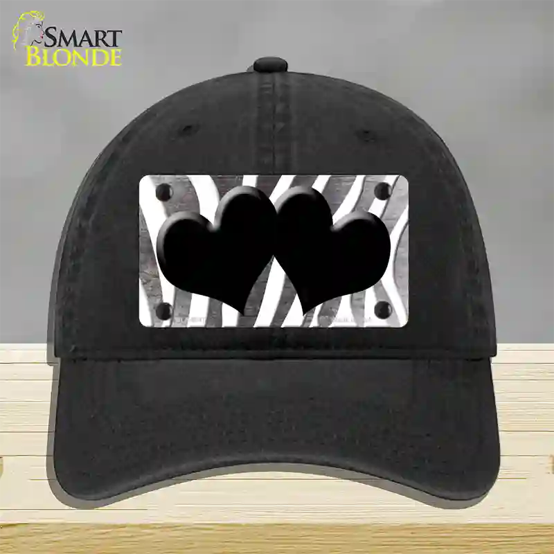 Black White Zebra Hearts Oil Rubbed Novelty License Plate Hat Unconstructed Cotton / Black