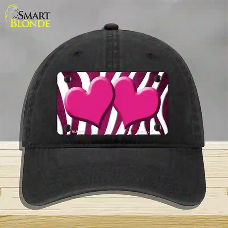 Pink White Zebra Hearts Oil Rubbed Novelty License Plate Hat Unconstructed Cotton / Black