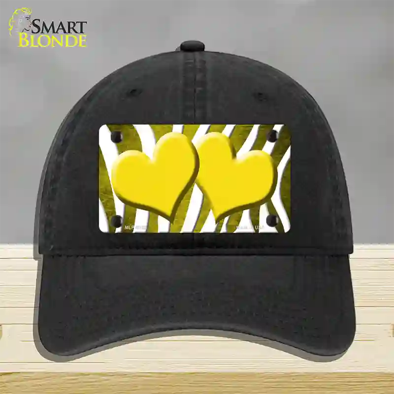 Yellow White Zebra Hearts Oil Rubbed Novelty License Plate Hat Unconstructed Cotton / Black