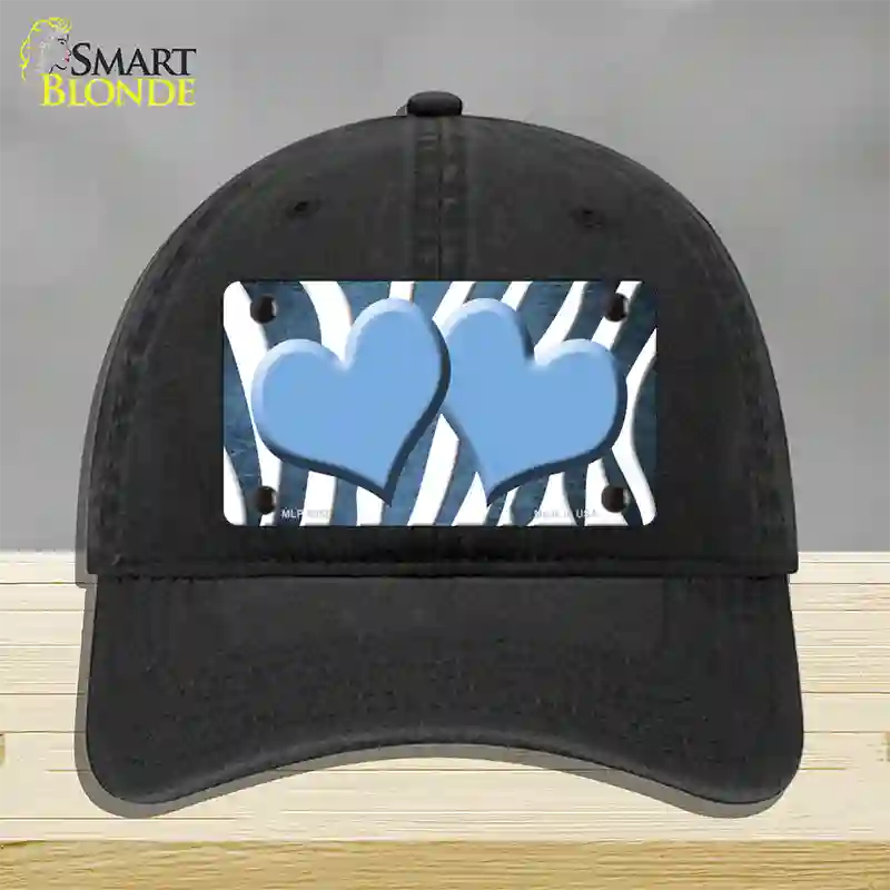 Light Blue White Zebra Hearts Oil Rubbed Novelty License Plate Hat Unconstructed Cotton / Black