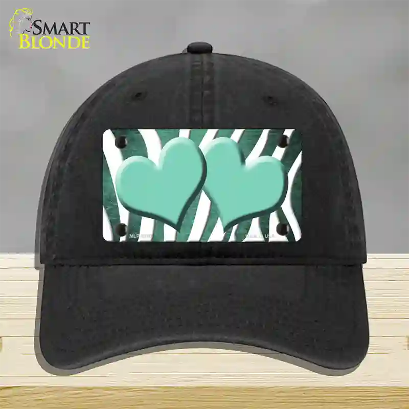 Mint White Zebra Hearts Oil Rubbed Novelty License Plate Hat Unconstructed Cotton / Black