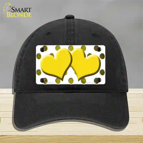 Yellow White Dots Hearts Oil Rubbed Novelty License Plate Hat Unconstructed Cotton / Black