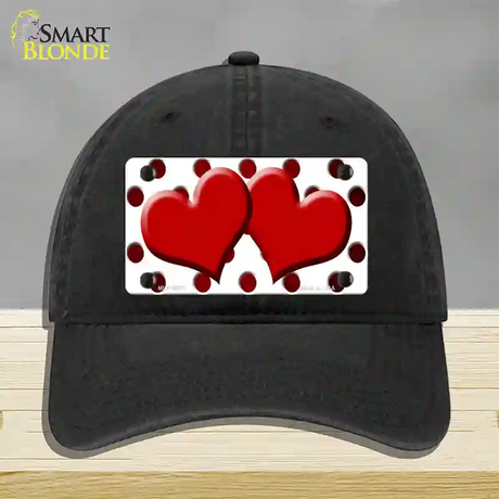 Red White Dots Hearts Oil Rubbed Novelty License Plate Hat Unconstructed Cotton / Black