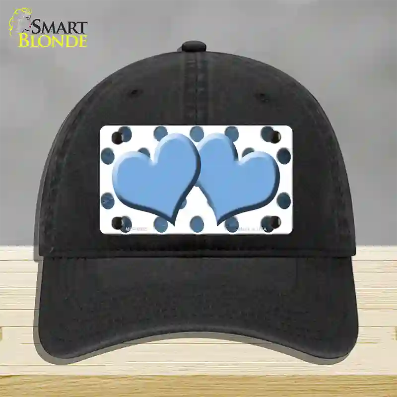 Light Blue White Dots Hearts Oil Rubbed Novelty License Plate Hat Unconstructed Cotton / Black