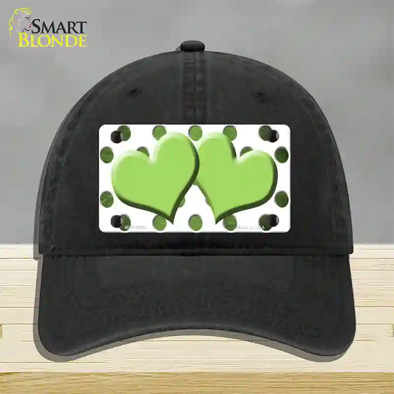 Lime Green White Dots Hearts Oil Rubbed Novelty License Plate Hat Unconstructed Cotton / Black